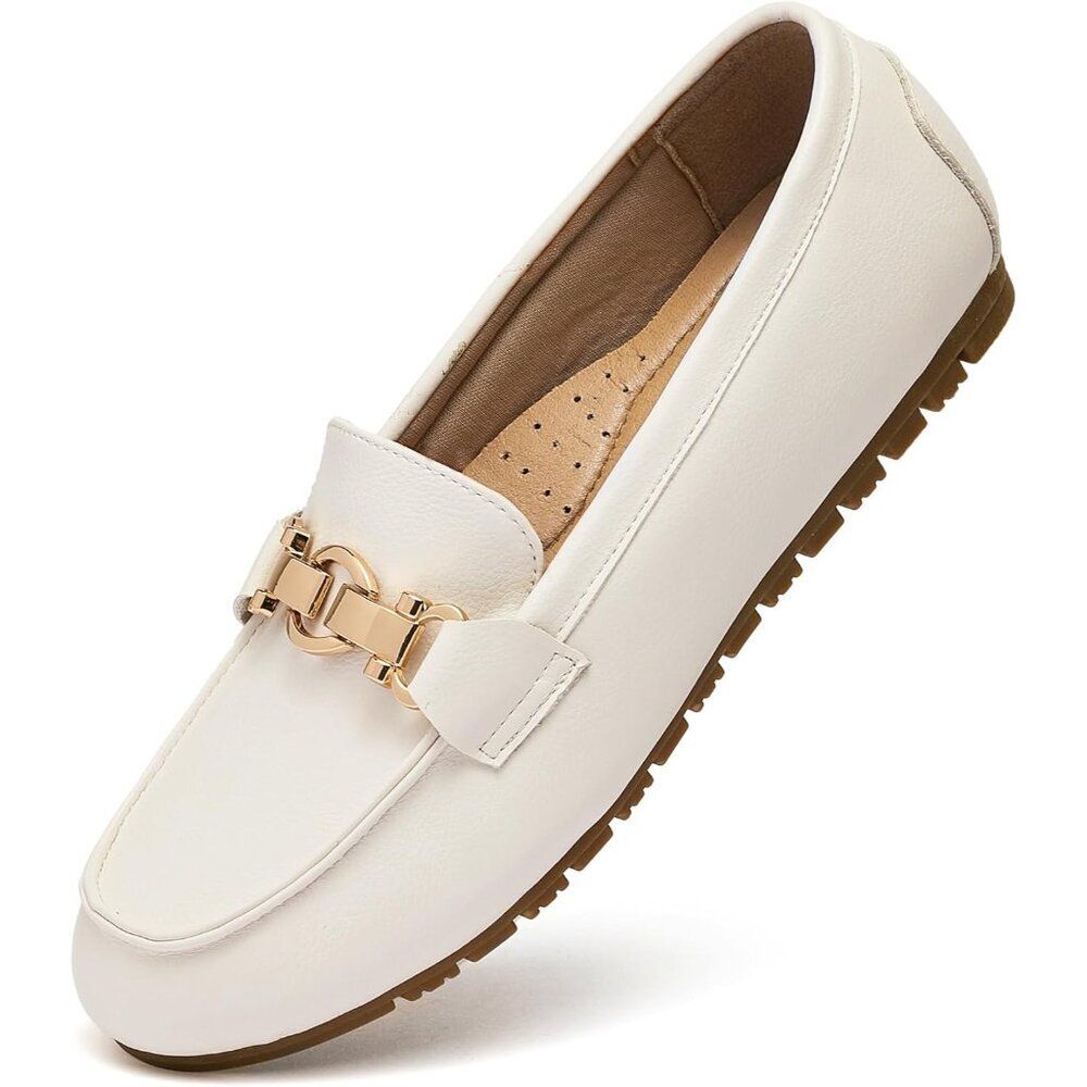 Womens Beige Napa Leather PU On Comfort Chunky Heel Lug Sole Loafers Shoes